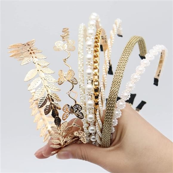 8 PCS Headbands for Women  Gold Pearls Bridal Wedding Hair Accessories main image 5